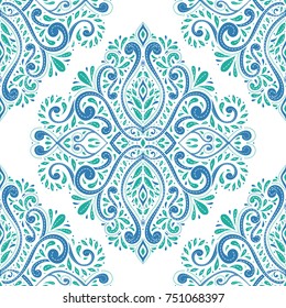 Blue and green seamless pattern on a white background. Ornament. Floral pattern. Traditional, Arabic, Turkish, Indian motifs. Great for fabric and textile, wallpaper, packaging or any desired idea.