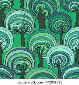 Blue and green seamless pattern of psychedelic crazy trees. Funny colorful forest background.