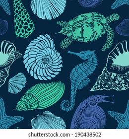 Blue Green Seamless Pattern Of Sea Animals