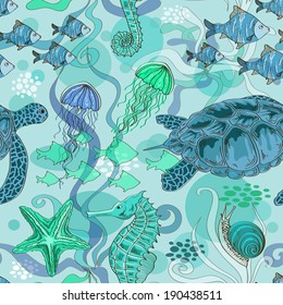 Blue green seamless pattern of sea animals