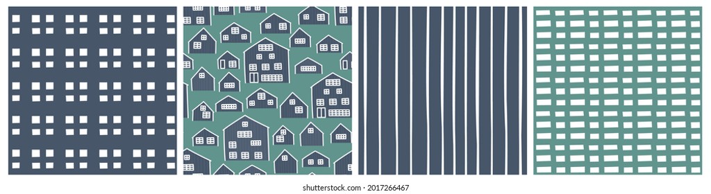 Blue green set of abstract seamless patterns. European cartoon childish houses, lines, grid vector illustrations