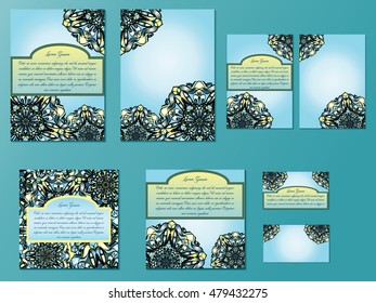 Blue and green set of brochures, invitations and business cards. Nice hand-drawn illustration