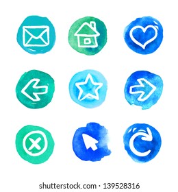 Blue and green set of round watercolor icons, vector illustrations