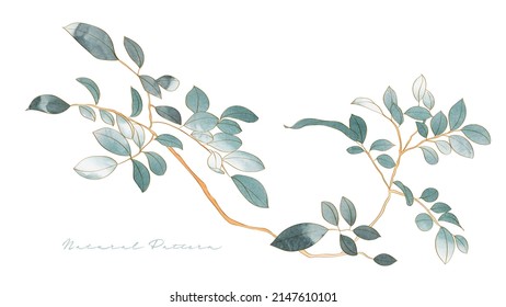 Blue and green small leaves watercolor painting isolated background. Hand drawn vector frame and border. Wedding Invitation, save the date, wall decorate, or greeting card. Natural watercolor texture.