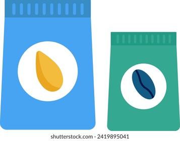 Blue and green snack bags with simple food icons. Packaged food items, flat design snack bags. Grocery items, snack packs vector illustration.