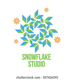 blue and green snowflake vector logo templates isolated on white background. Geometrical abstract snowflake logo, frozen product, Christmas celebration, winter activities symbol design
