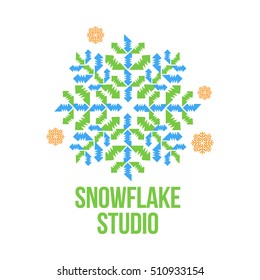 blue and green snowflake vector logo templates isolated on white background. Geometrical abstract snowflake logo, frozen product, Christmas celebration, winter activities logo design