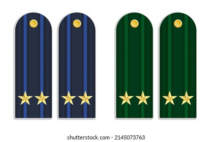Blue and green soldier shoulder straps. Army insignia of naval and land forces. Cartoon vector isolated on white background