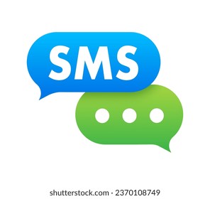 Blue and green speech Bubbles with the word Sms on them. Mobile mail marketing, e-commerce, internet advertising and promotion