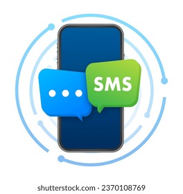 Blue and green speech Bubbles with the word Sms on them. Mobile mail marketing, e-commerce, internet advertising and promotion
