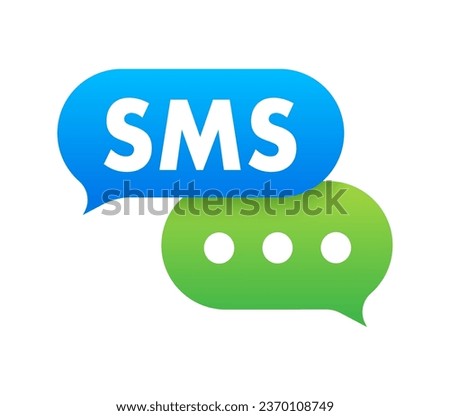 Blue and green speech Bubbles with the word Sms on them. Mobile mail marketing, e-commerce, internet advertising and promotion