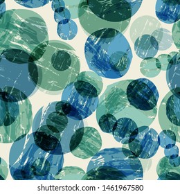 Blue and green spheres abstract seamless painterly pattern. Vector print background design.