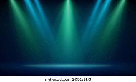 Blue green spotlight backdrop. Illuminated blue green stage. Background for displaying products. Bright beams of spotlights on dark background, glittering particles, a spot of light. Vector