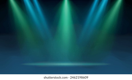 Blue green spotlight backdrop. Illuminated stage with blue fog, smoke. Background for displaying products. Bright beams of spotlights, haze, particles, a spot of light. Vector illustration