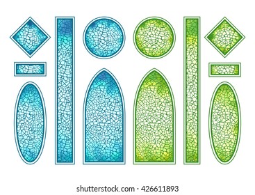 Blue and green stained-glass windows set. Different form, shape, size. Vector illustration isolated on white background. Colorful mosaic. Leaded light panel. Gothic arch window. Luminous glass. 