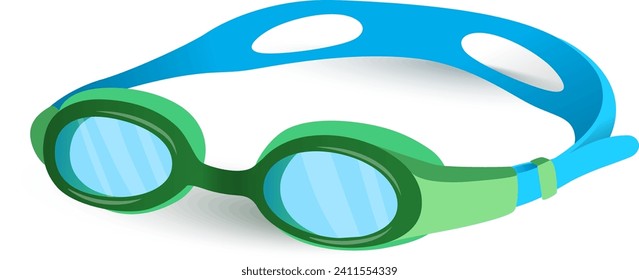 Blue and green swim goggles isolated on white. Swimming accessory for pool or sea. Water sports gear vector illustration.