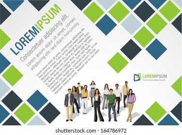 Blue and green template for advertising brochure with business people