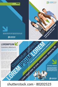 Blue and green template for advertising brochure with business people