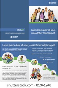 Blue and green template for advertising brochure with students