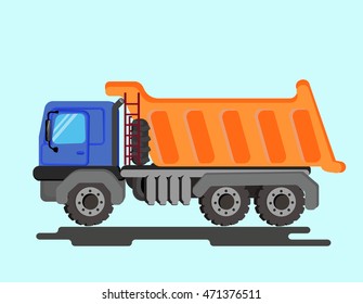 Blue green tipper.Tip truck construction site.