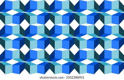 Blue and green tone cube 3D seamless repeat pattern, replete image design for fabric printing or wallpaper, blue abstract wall, checkerBoard