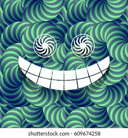 Blue and Green Trippy Abstract Psychdelic 3D Effect Fractal Seamless Texture Pattern with Smiling Face Vector Illustration