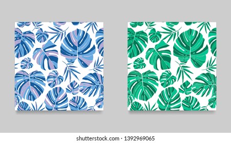 Blue green tropical monstera leaves seamless pattern white background set. Exotic floral wallpaper. Jungle plants - Vector.