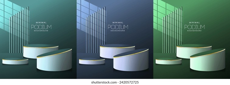 blue, green and turquoise Background. 3D cylinder stand podium in the arch window. Vector abstract studio room with geometric platform. Minimal wall scene for products showcase and promotion display
