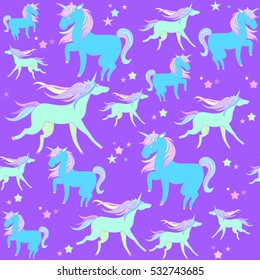 Blue and green unicorns on a violet background with stars.