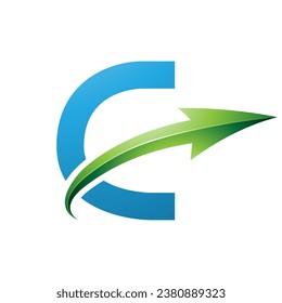 Blue and Green Uppercase Letter C Icon with a Glossy Arrow on a White Background