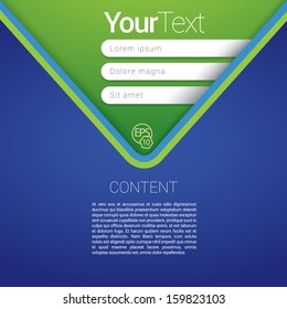 Blue and green V or arrow shape edition of a scalable futuristic minimal  vector software 3d layout design with navigation menu for printing, for web, or for mobile application for universal use