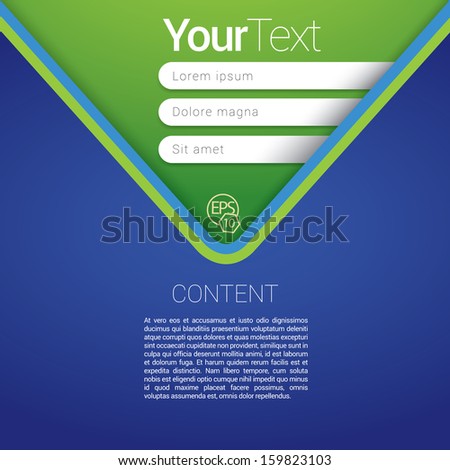 Blue and green V or arrow shape edition of a scalable futuristic minimal  vector software 3d layout design with navigation menu for printing, for web, or for mobile application for universal use