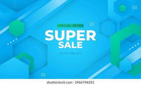 Blue and green vector abstract sale background design with shapes. Vector super sale template design. Big sales special offer. End of season party background