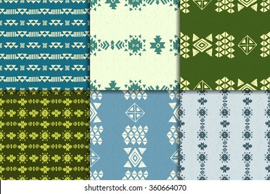 Blue and Green Vector Aztec Seamless Pattern. Geometric abstract background.