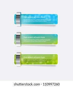 Blue / green vector banners / stickers / badges collection with bright colorful floral background and metallic decoration