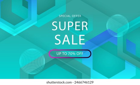 Blue and green vector mega sale super promo background with discount. Vector super sale template design. Big sales special offer. End of season party background