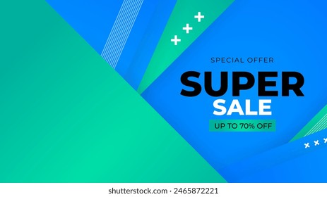 Blue and green vector mega sales background with abstract shapes. Vector super sale template design. Big sales special offer. End of season party background