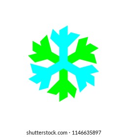 Blue and green vector snowflake on white background.