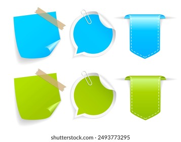 Blue and green vector stickers set isolated on white background. 3d flat illustration of curled up note papers. 