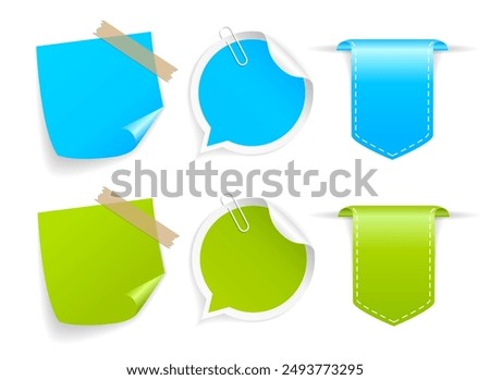 Blue and green vector stickers set isolated on white background. 3d flat illustration of curled up note papers. 