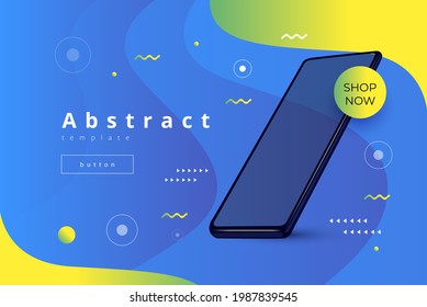 Blue and green vector template with volumetric smartphone and wavy lines and different geometric shapes 