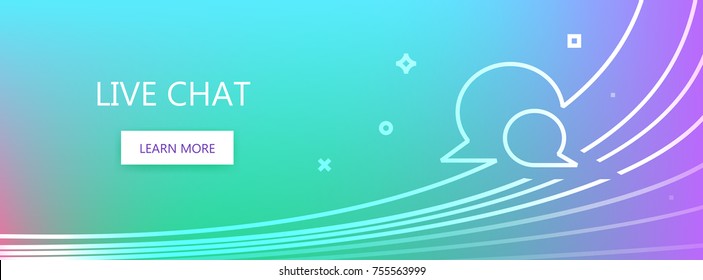 Blue, green and violet colored vector banner with live chat words and two speech bubbles in linear style.