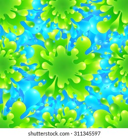Blue and green vivid color paint splash vector seamless pattern