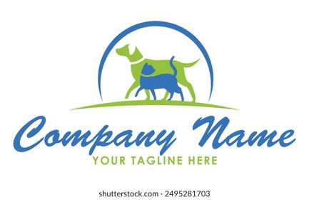 Blue and Green Walking Color Dog and Cat Logo Design