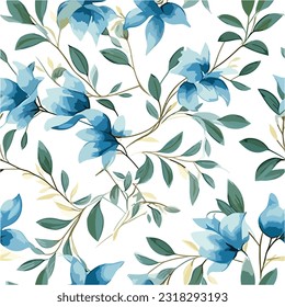 Blue and Green Watercolor floral seamless pattern with white background