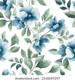 Blue and Green Watercolor floral seamless pattern with white background