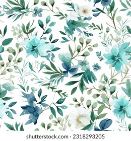 Blue and Green Watercolor floral seamless pattern with white background