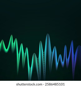 Blue and green wave square background. Vector design with neon light effect and space for text. Shiny wavy lines on dark background