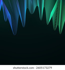 Blue and green wave square background. Vector design with neon light effect and space for text. Shiny wavy lines on dark background