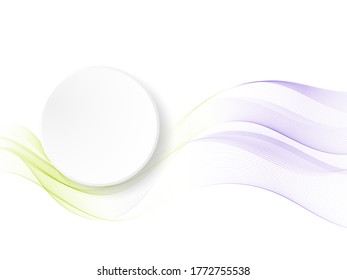 
Blue and green wave stream on a white background with a round banner and shadow. Abstract wave background.